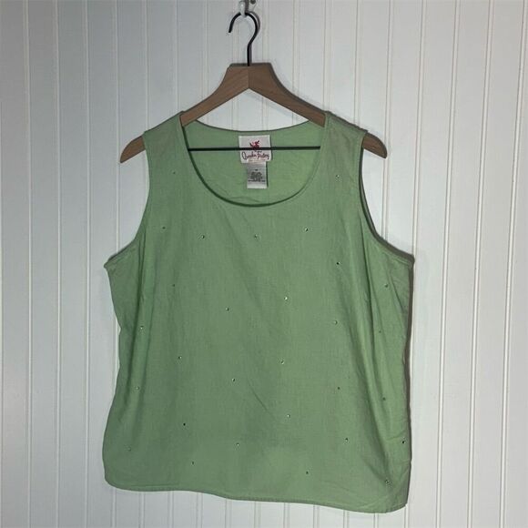 Quacker Factory Green Linen Tank Top 1X Rhinestone Studded Sleeveless Summer - Picture 1 of 8